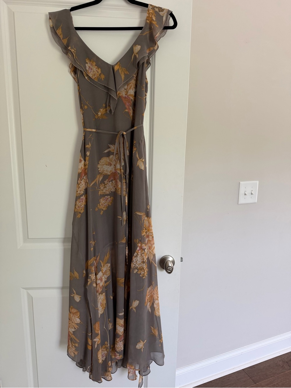 fab'rik Taupe Floral Ruffle Maxi Dress